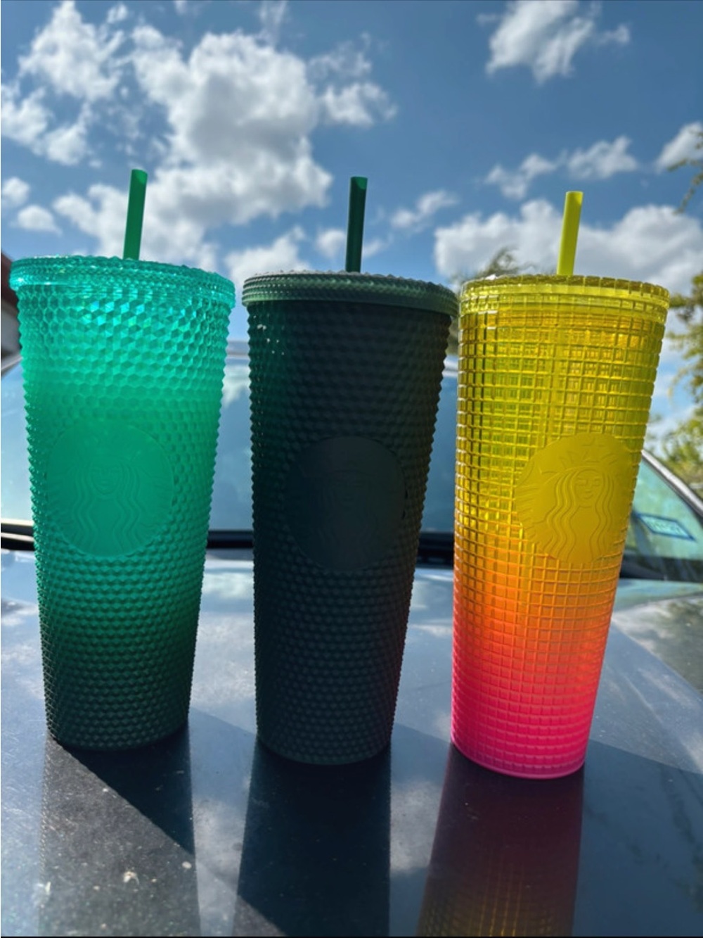 Starbucks Green, Dark Green & Yellow-Pink Ombre Textured Reusable Tumblers